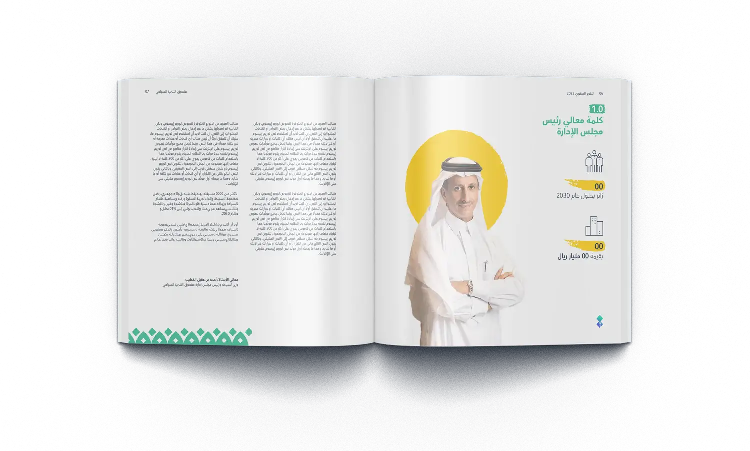 TDF Annual Report Design featuring Saudi heritage patterns