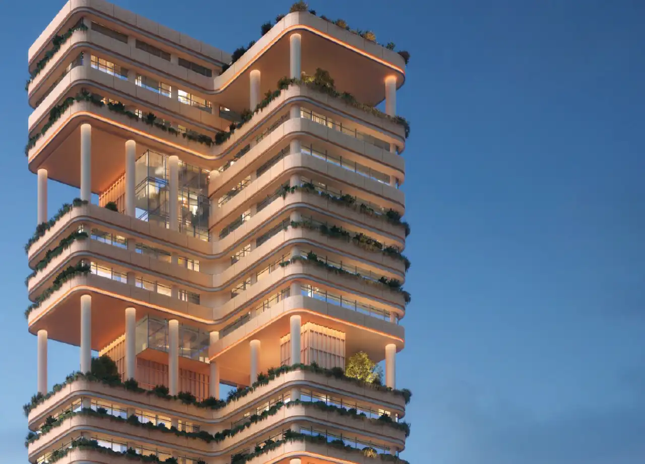 INMAR - Real Estate Annual Report 10 Render of a residential tower with planted terraces, used in the INMAR brand imagery